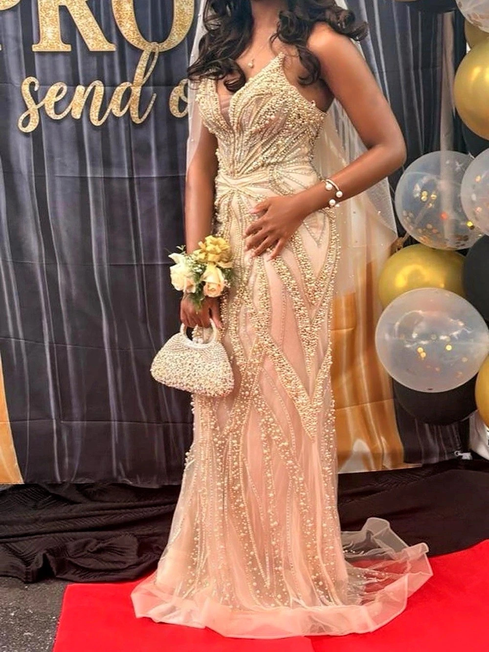Champagne Gold/Nude Beaded Prom Dress